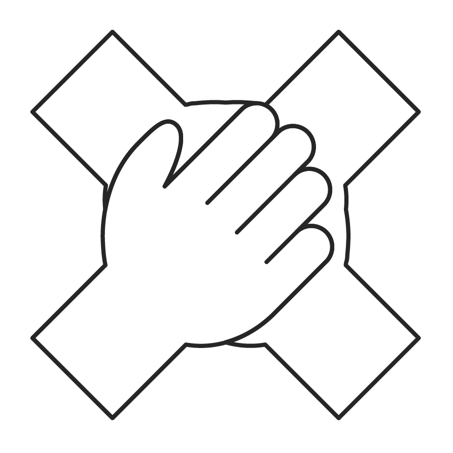 Hand on cross sign. Black outline on white background.