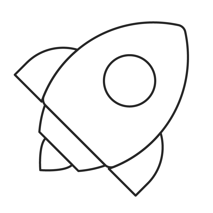 Black outline of a rocket ship, ready for launch.